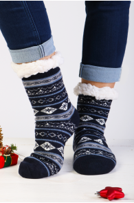 Теплые домашние носки синего цвета с узором в зимних мотивах и нескользящей подошвой GERARD | Sokisahtel