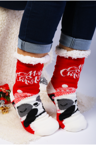Теплые домашние носки красного цвета с изображением рождественской панды и нескользящей подошвой JOLANDA | Sokisahtel