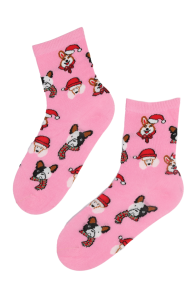 Хлопковые носки розового цвета в рождественской тематике с узором в виде собачек MERRY (веселый) | Sokisahtel
