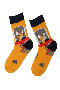 Мужские стильные хлопковые носки желтого цвета с изображением модной кошки ANDRE | Sokisahtel