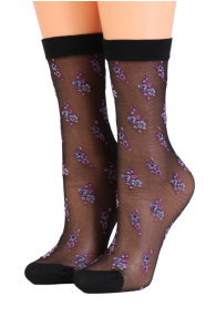 Женские тонкие фантазийные носки черного цвета с цветочным узором фиолетового оттенка ARINA | Sokisahtel