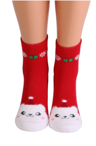 Женские теплые яркие хлопковые носки красного цвета с изображением мишек в зимней тематике BELLS | Sokisahtel