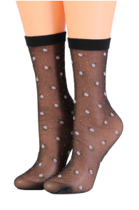 Женские тонкие фантазийные носки черного цвета с цветочным узором фиолетового оттенка BRITNEY | Sokisahtel