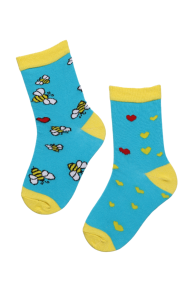 Детские хлопковые носки сине-желтого цвета с изображением пчёл и сердечек BUZZ | Sokisahtel