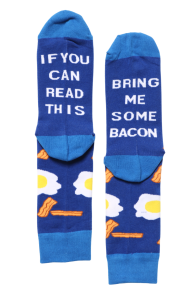 "IF YOU CAN READ THIS, BRING ME SOME BACON" blue cotton socks | Sokisahtel