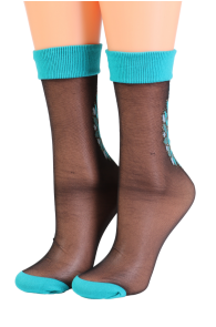 Thin black socks with turquoise bands and glittery pattern, appear elegant.