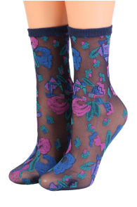 Женские тонкие фантазийные носки синего цвета с ярким цветочным узором GIOVANNA | Sokisahtel
