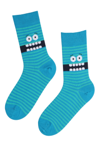 Хлопковые полосатые носки голубого цвета с тканым изображением зубастого монстрика HEY YOU (эй ты!) | Sokisahtel