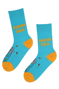 Женские хлопковые носки голубого цвета с ромашками и пчёлками ко Дню Матери MOONI PARIM EMA | Sokisahtel