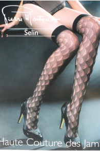 Женские высокие тонкие гольфы черного цвета с узором в виде вееров SELIN от Pierre Mantoux | Sokisahtel