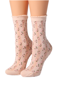 Женские тонкие фантазийные полосатые носки бежевого цвета с цветочным узором ROSITA | Sokisahtel