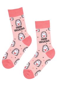Женские хлопковые носки розового цвета с милыми ёжиками ко Дню Матери PARIM VANAEMA | Sokisahtel