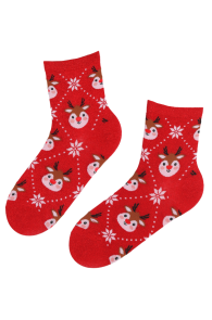 Хлопковые блестящие носки красного цвета с изображением милого северного оленёнка в зимних мотивах COMET | Sokisahtel