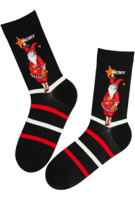 Men's black Christmas socks featuring an elf design and red-black stripes