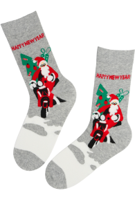 Grey men's Christmas socks decorated with Santa Claus and 'Happy New Year' text.