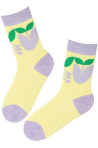 Yellow cotton socks with decorative purple and green elements.