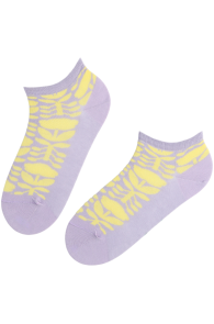 Purple low-cut cotton socks with yellow pattern.