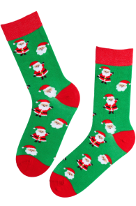 VALERI green Christmas socks with elf patterns and red toes and heels.