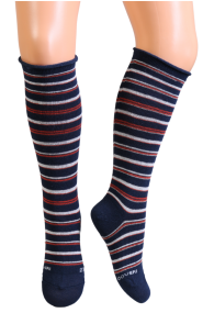 VANESSA deep blue striped knee-high socks for children with blue and red stripes, extending over the knee