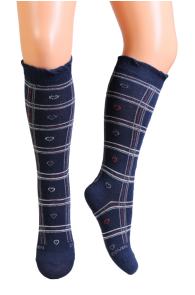 Dark blue children's knee-high socks with heart-shaped details.