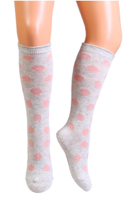 Light gray children's knee-high socks with pink dots.