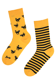 Хлопковые носки жёлтого цвета с изображением чёрных кошек и полосок на Хэллоуин SCAREDY-CAT | Sokisahtel
