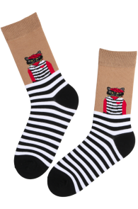 Хлопковые носки чёрного цвета с котами и полосатым узором WATSON | Sokisahtel