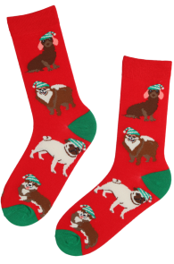 Хлопковые носки красного цвета в рождественской тематике с милыми собачками YULE | Sokisahtel