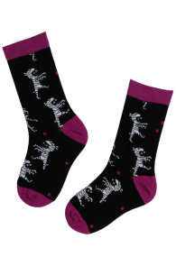 Black children's socks with a Halloween-themed mummy pattern and dark pink details.