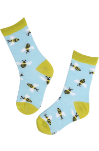 Blue children's socks with yellow details and bee patterns.