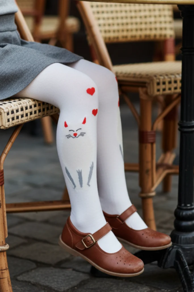 White girls' tights with adorable kittens