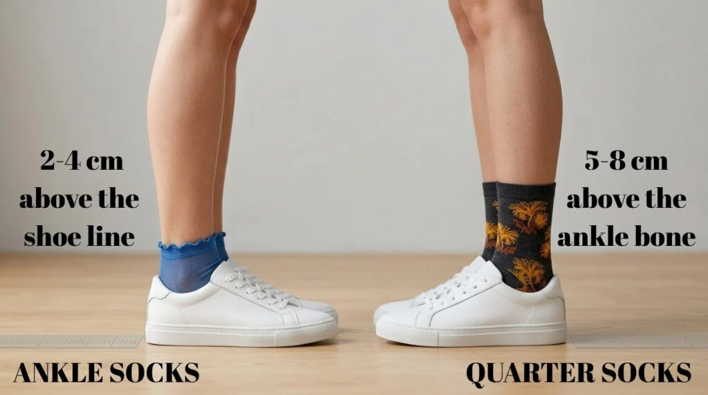 Sock lengths comparison showing ankle socks and quarter socks with their height differences.