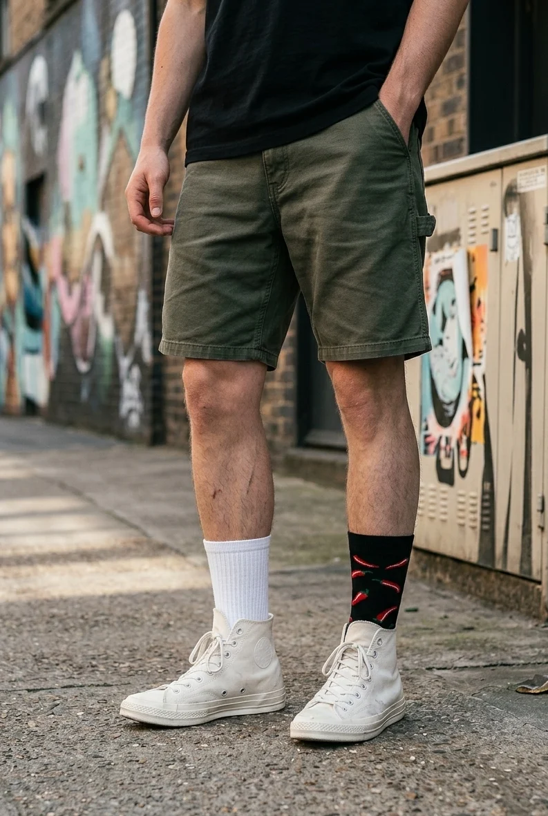 Street style showing socks with sneakers and shorts using white crew socks and a bold patterned sock.