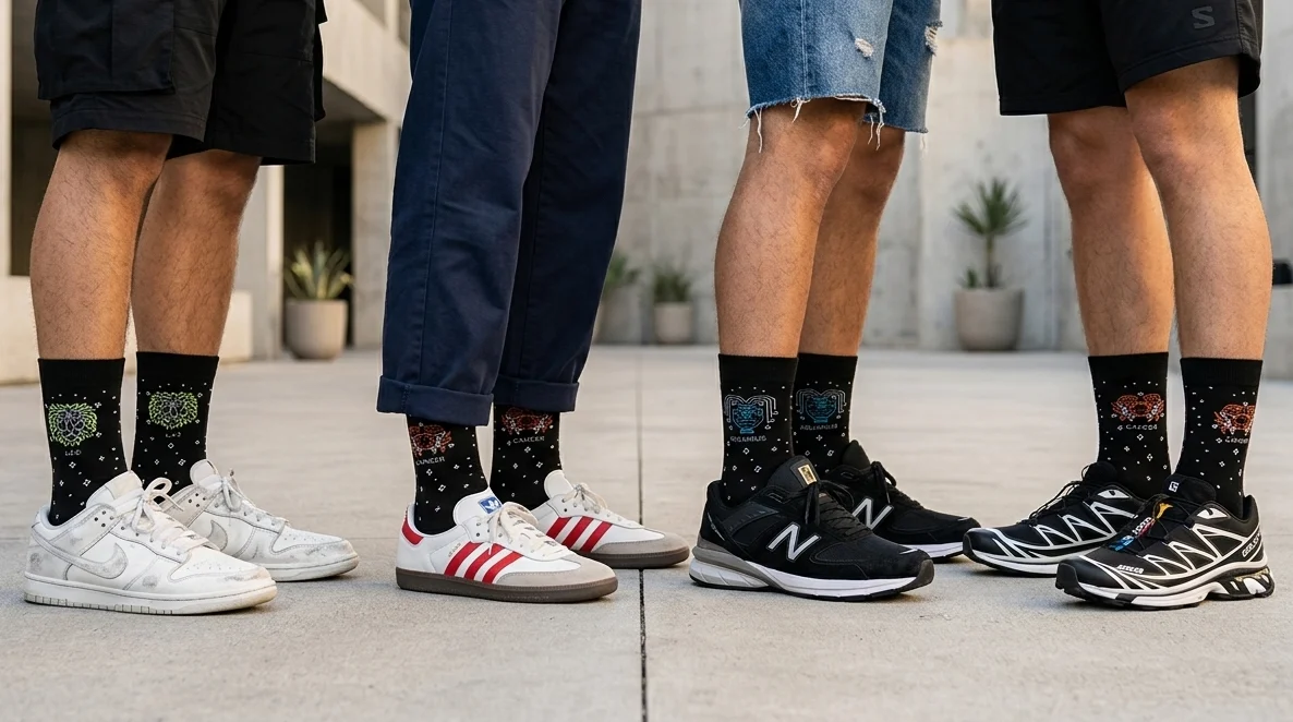 Different ways to style socks with sneakers using patterned crew socks and casual shoes.