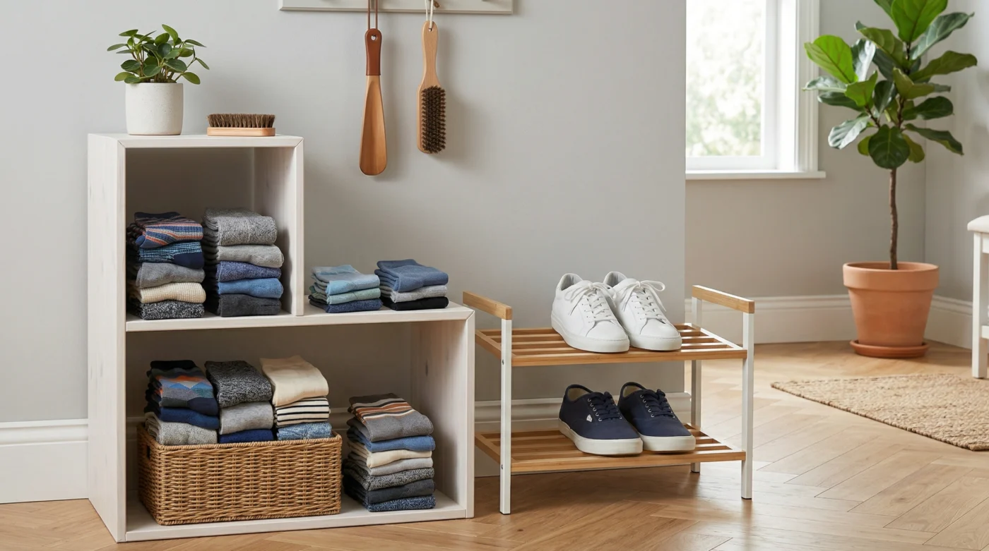 Socks for sweaty feet neatly organized on shelves beside clean sneakers in a bright room.