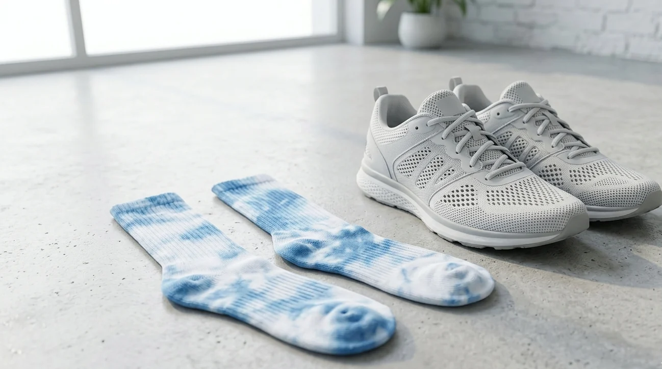 Socks for sweaty feet laid out beside breathable gray sneakers on a clean floor.