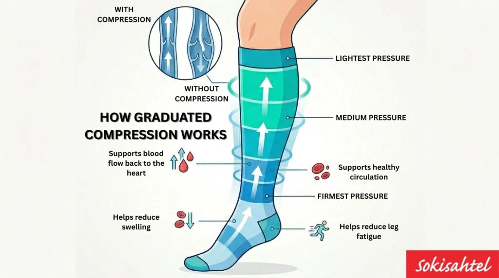 Infographic showing compression socks benefits with graduated pressure that supports circulation, reduces swelling, and eases leg fatigue.