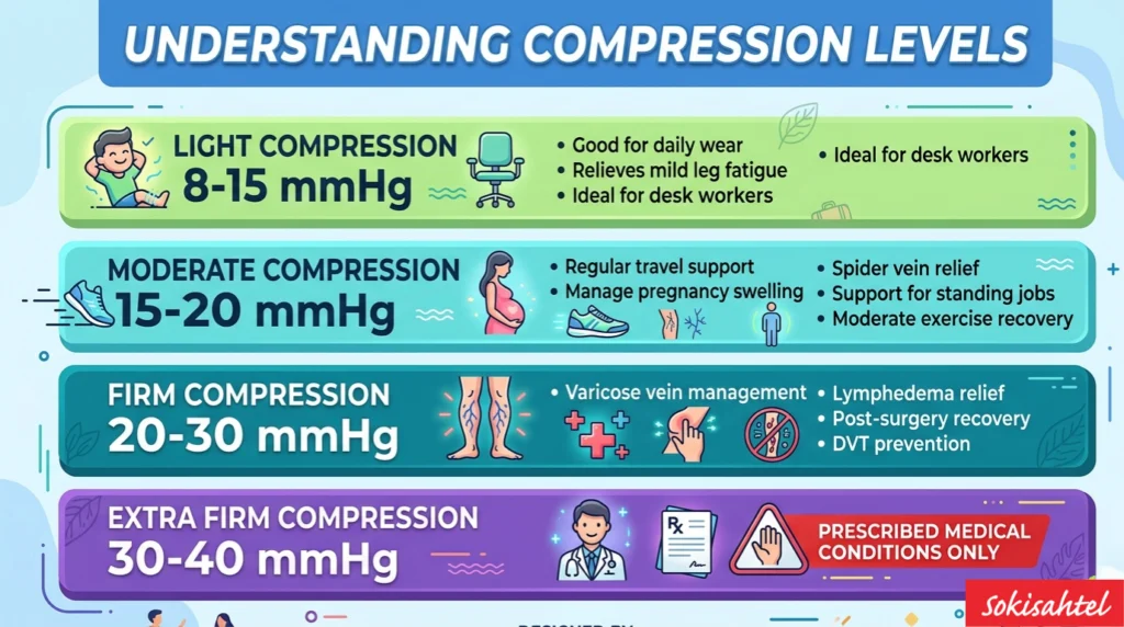 Compression levels chart for thigh high compression socks showing light, moderate, firm, and extra firm mmHg ranges.