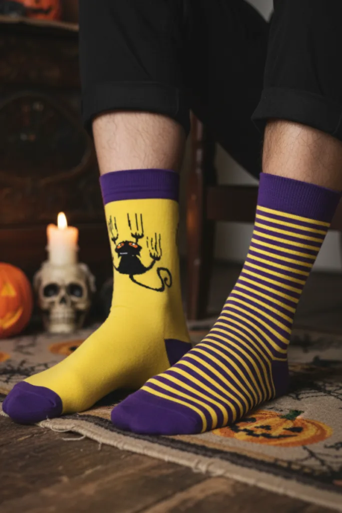 ELVIRA meriinovillased musta kassi ja triipudega Halloweeni sokid