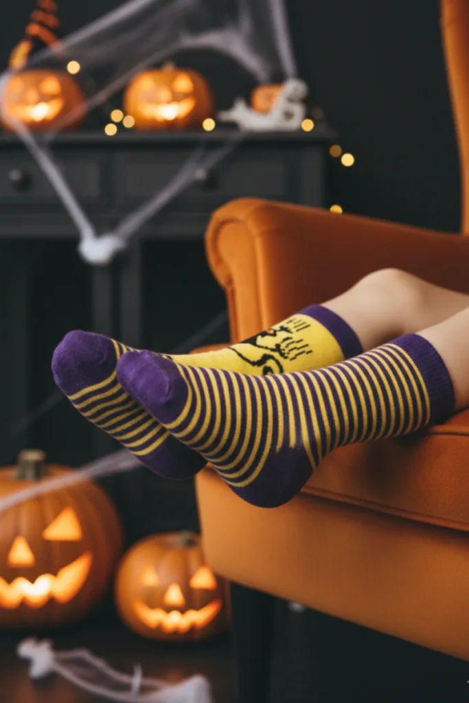 ELVIRA meriinovillased musta kassi ja triipudega Halloweeni sokid lastele
