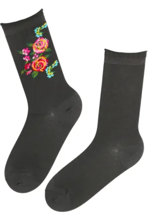 FLOWER tumehallid lillelised puuvillased sokid