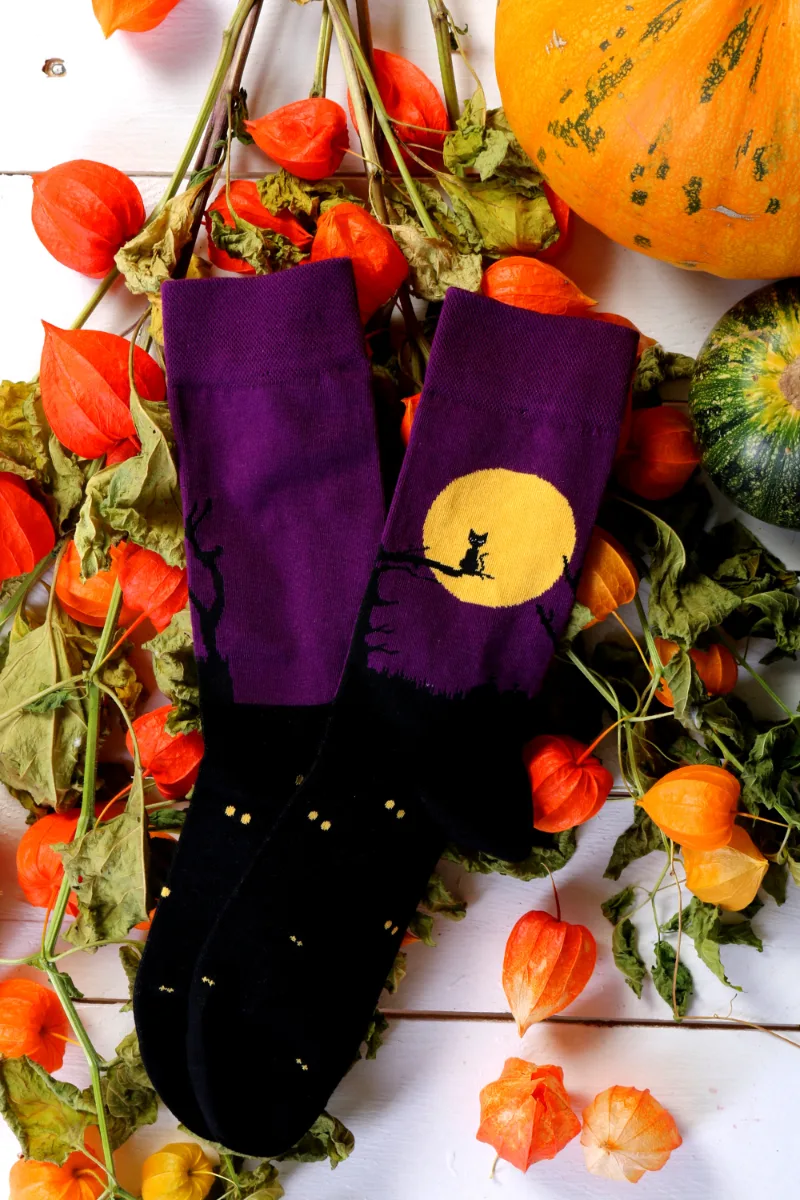 SPOOKY CAT kuuvalgel istuva musta kassiga halloweeni sokid
