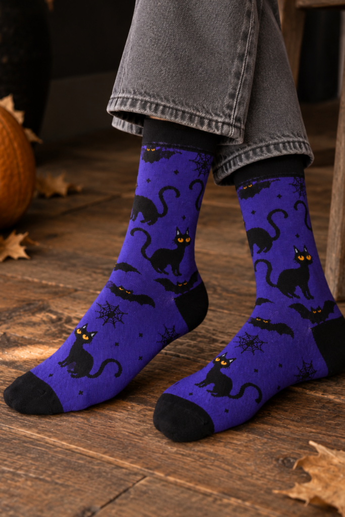 BOOKY mustade kassidega lillad Halloweeni sokid